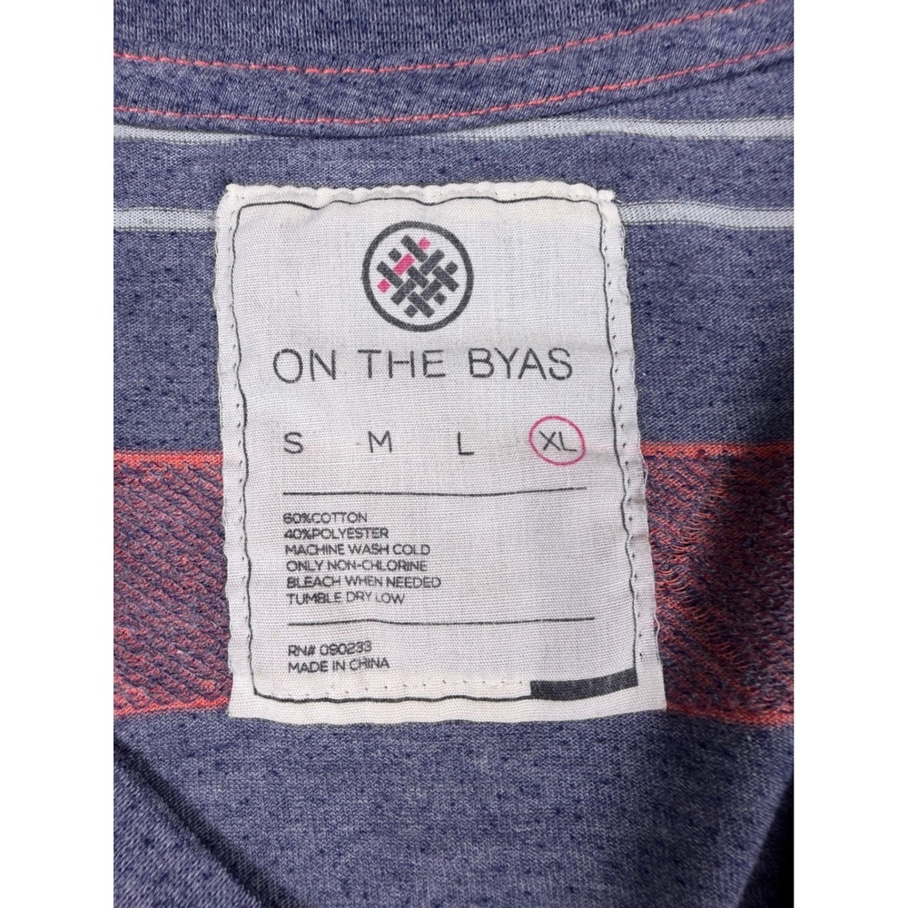 On The Byas Mens XL Striped Short Sleeve T-Shirt Blue Gray Orange Arrow Cross - Picture 6 of 7